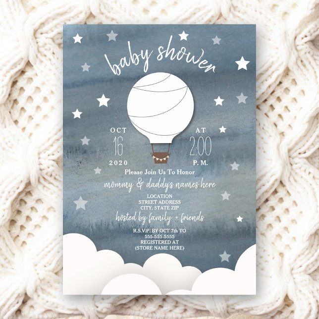 Invitation Ballons à air chaud blanc + Étoiles Baby shower ne (Créateur téléchargé)