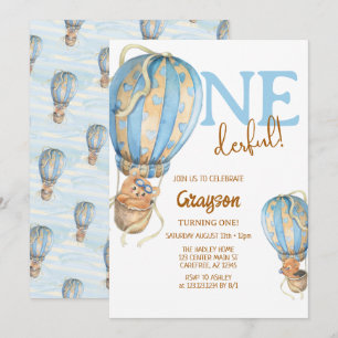Invitation Ballons à air chaud Bleu Boho 1er anniversaire Inv