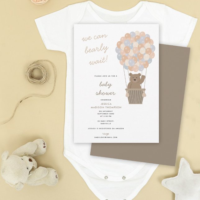 Invitation Ballons à air chaud de l'ours Baby shower neutre g (Cute Bear Hot Air Balloons Gender Neutral Invitation)