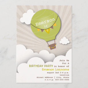 Invitation Ballons à air chaud vert et nuages Anniversaire de
