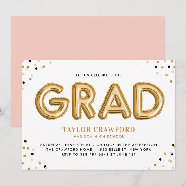 Invitation Ballons à huile d'or Confetti Dots Parti de gradua (Devant / Derrière)