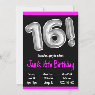 Invitation Ballons à huile noir et argent 16e anniversaire
