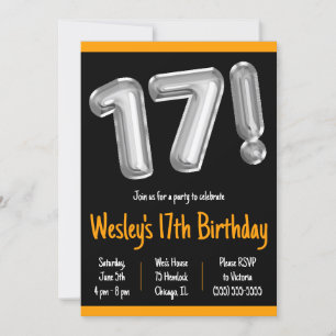 Invitation Ballons à huile noir et argent 17e anniversaire