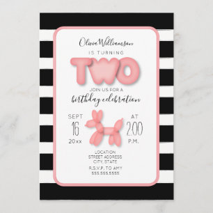 Invitation Ballons Animal Noir + Rose Blanc 2e anniversaire