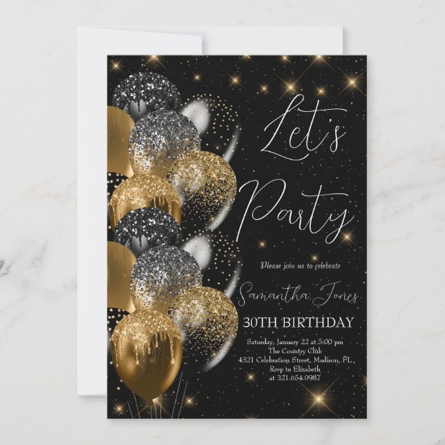 Invitation Ballons Anniversaire Black Gold Parties scintillan (Devant)