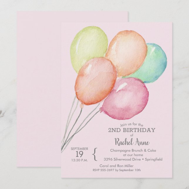 Invitation Ballons Aquarelle Fille 2ème Anniversaire (Devant / Derrière)