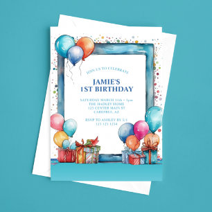 Invitation Ballons Aquarelle Garçons 1er Anniversaire