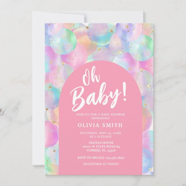 Invitation Ballons arc-en-ciel Bébé Baby shower Arche rose (Devant)