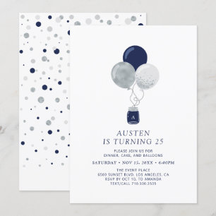 Invitation Ballons Argent et Marine Moderne Adulte fête d'ann