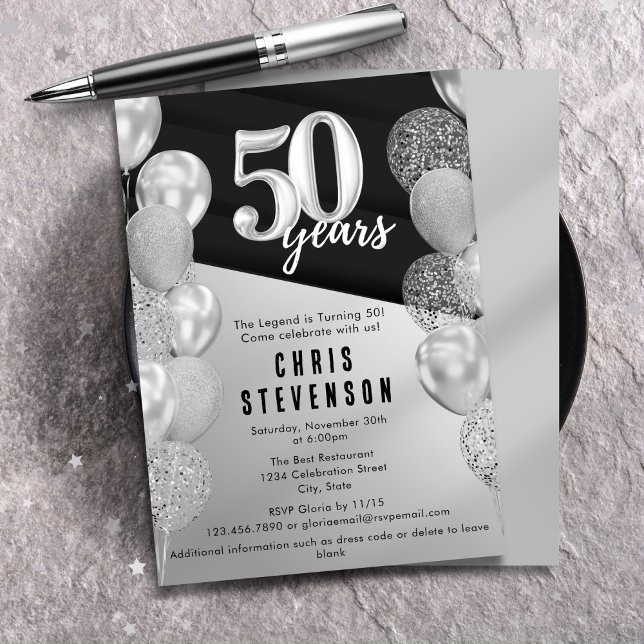Invitation Ballons Argent Noir Masculins 50e Anniversaire (Créateur téléchargé)
