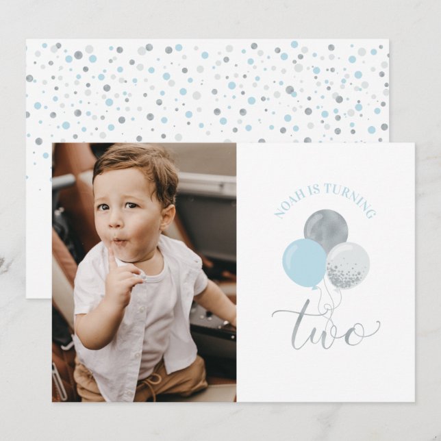 Invitation Ballons argenté et bleu | Boy 2nd Birthday Party (Devant / Derrière)