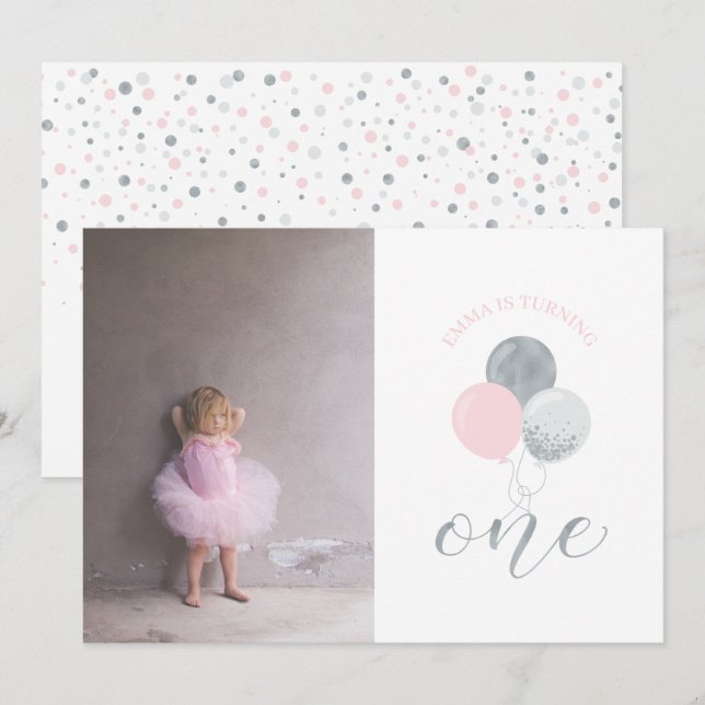 Invitation Ballons argenté et rose | Fille 1er fête d'anniver (Devant / Derrière)