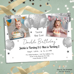 Invitation Ballons argentés Double Anniversaire Fête Enfants