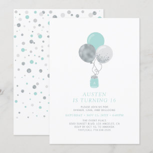 Invitation Ballons Argentés et Menthe Fête Moderne de 18e Ann