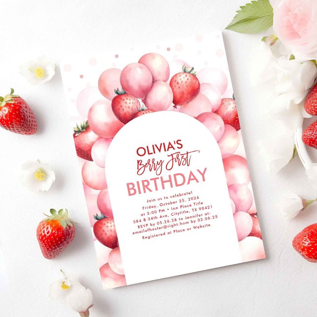 Invitation Ballons aux fraises Berry 1er anniversaire (Strawberry First Birthday Invitations)