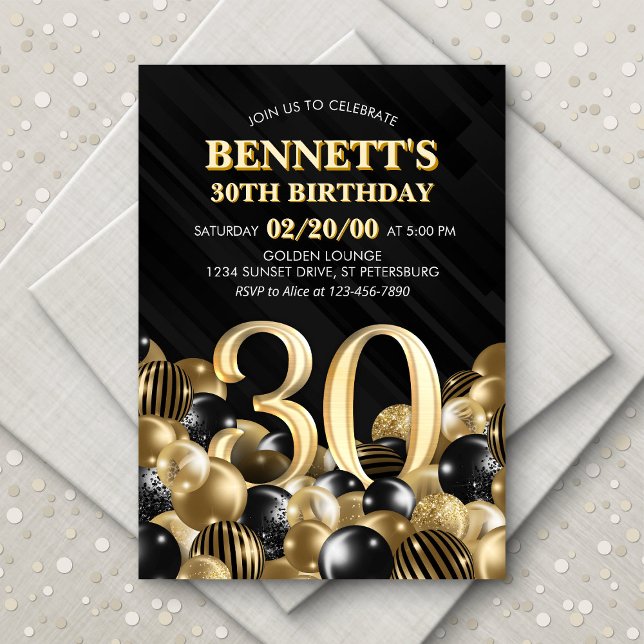 Invitation Ballons Black Gold 30e anniversaire (Créateur téléchargé)