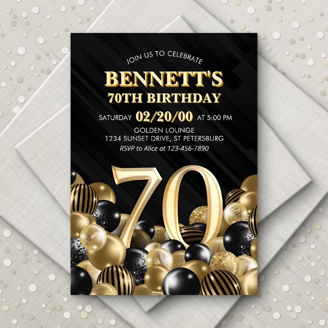Invitation Ballons Black Gold 70e anniversaire (Créateur téléchargé)