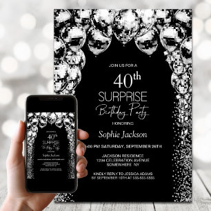 Invitation Ballons blancs noirs Surprise 40e anniversaire fêt