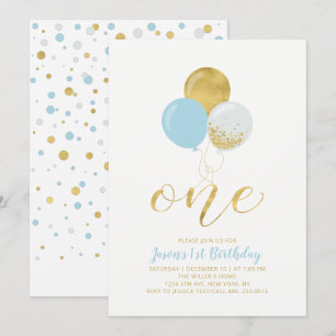 Invitation Ballons Bleu Clair & Or Un 1er Anniversaire de G