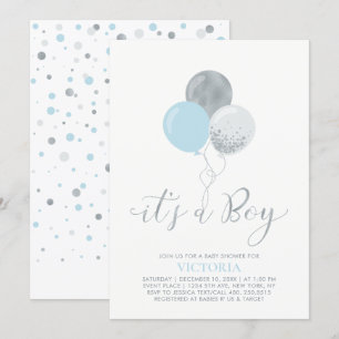 Invitation Ballons bleu et argent   C'est un Baby shower de g