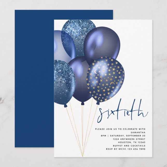 Invitation Ballons bleu or de Glittery 60e fête d'anniversair (Devant / Derrière)