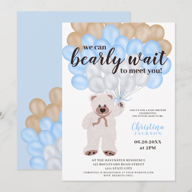 Invitation Ballons bleu ours en peluche mignon garçon baby sh (Devant / Derrière)