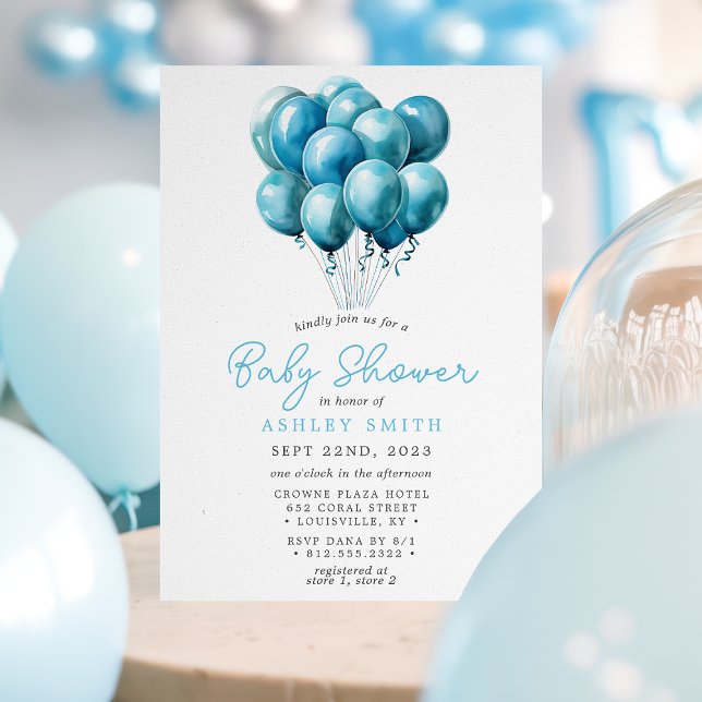 Invitation Ballons Bleus Aquarelle Baby shower garçon (Créateur téléchargé)