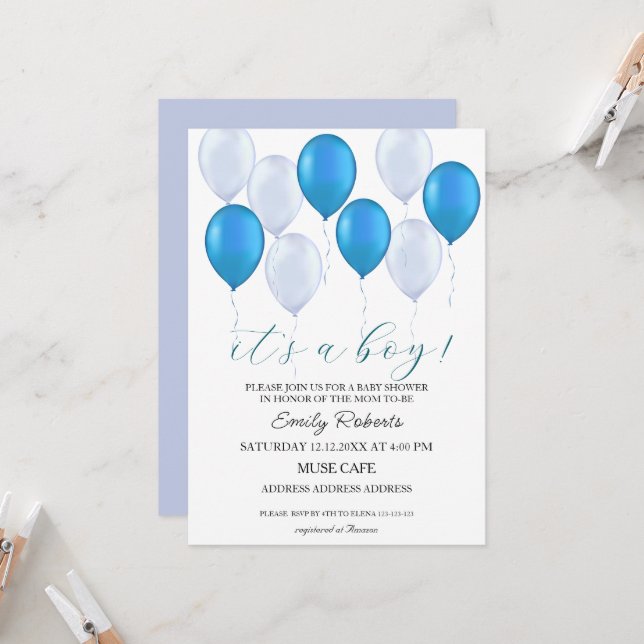 Invitation Ballons Bleus C'est un garçon Baby shower Invitati (Devant/Arrière en situation)