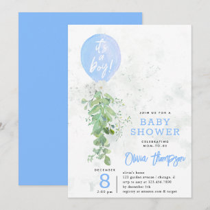 Invitation Ballons Bleus Fleurs de Foliage Baby shower garçon