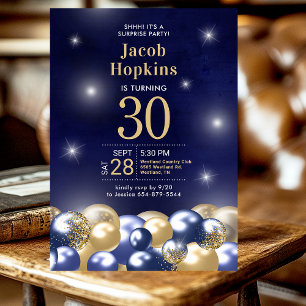 Invitation Ballons bleus marine et or pour 30e anniversaire s