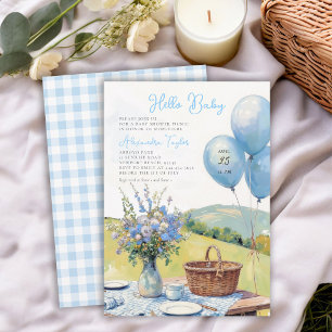 Invitation Ballons Bleus pour Pique-Nique Fleurs Sauvages Fêt