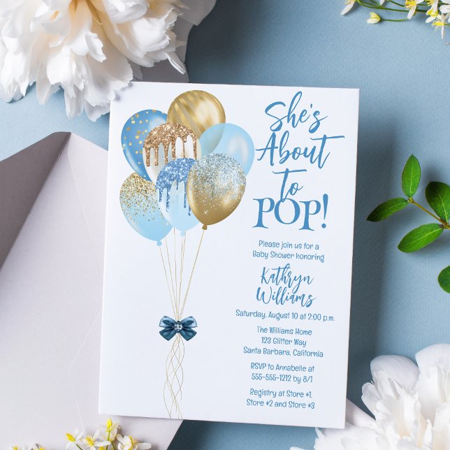 Invitation Ballons bleus qu'elle est sur le point de faire to ("She's Ready to POP!" Blue and Gold Translucent Glitter Balloons Boy Baby Shower Invitation)