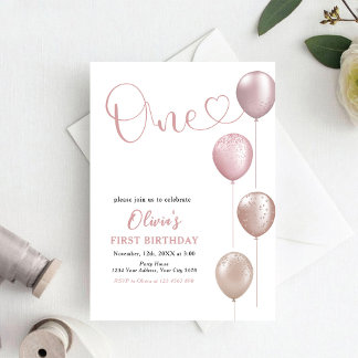 Invitation Ballons Blush fille premier anniversaire