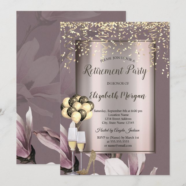 Invitation Ballons Chic, Départ Des Fleurs De Confetti Or (Devant / Derrière)