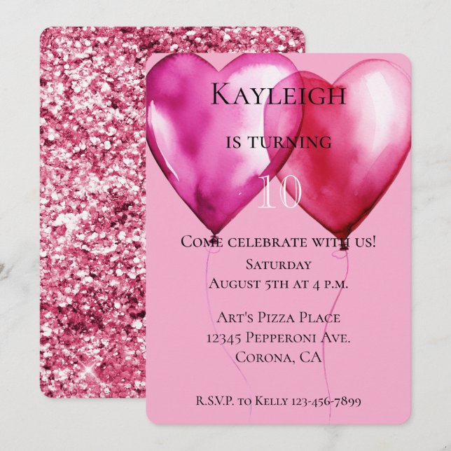 Invitation Ballons Coeur Rose Anniversaire (Devant / Derrière)