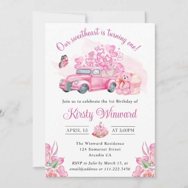Invitation Ballons Coeur Rose Camion Saint Valentin 1er anniv (Devant)