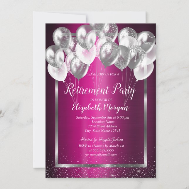 Invitation Ballons Confetti en Argent Confetti Violet Retrait (Devant)