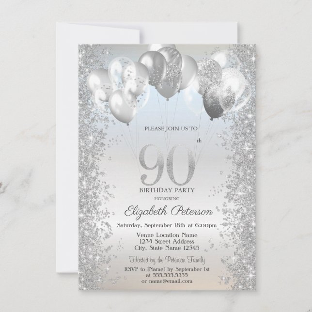 Invitation Ballons Confetti Parties scintillant d'argent 90e  (Devant)