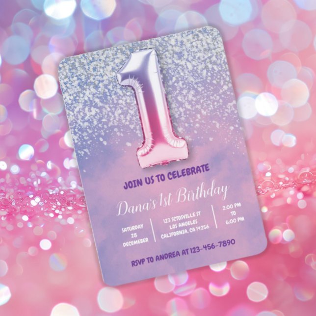 Invitation Ballons d'1er anniversaire violet et rose (Créateur téléchargé)