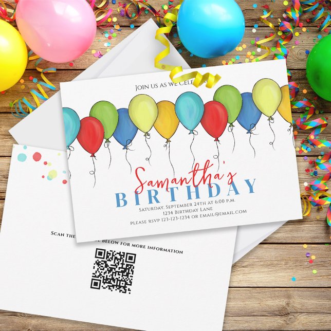 Invitation Ballons d'anniversaire Confetti Parti moderne QR C (Créateur téléchargé)