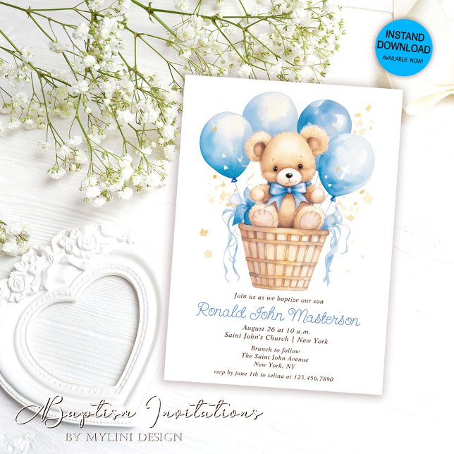 Invitation Ballons d'aquarelle avec ours en peluche Baptême g (Créateur téléchargé)