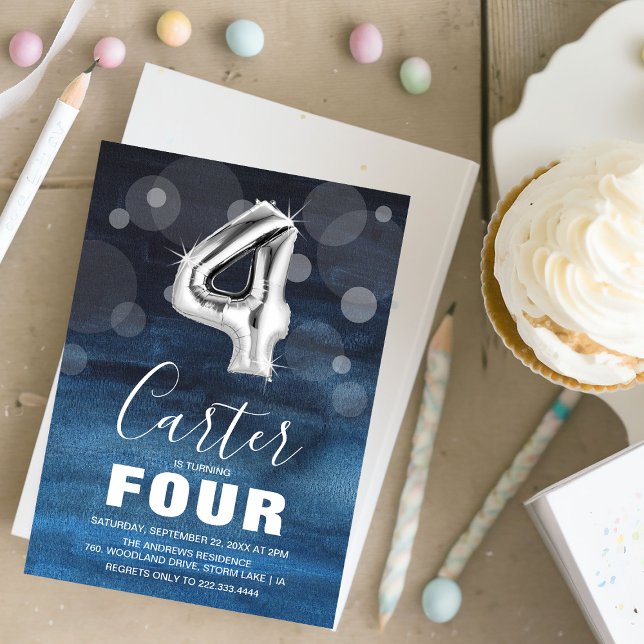 Invitation Ballons d'argent du quatrième anniversaire | Blue  (Créateur téléchargé)