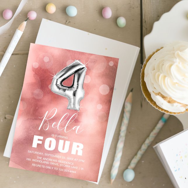 Invitation Ballons d'argent du quatrième anniversaire | Parti (Créateur téléchargé)