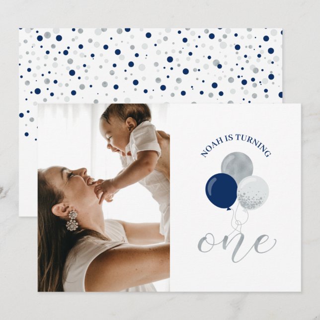 Invitation Ballons d'argent et de marine | Fête du 1er annive (Devant / Derrière)