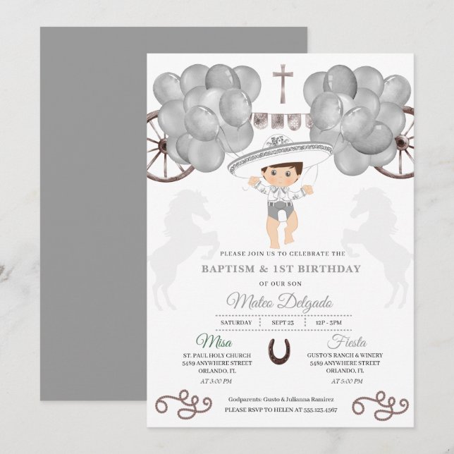 Invitation Ballons d'argent Mexicain Baby Boy Charro Baptême (Devant / Derrière)