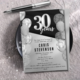 Invitation Ballons d'argent noir Masculine 30e anniversaire