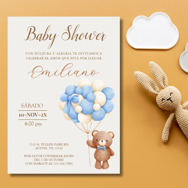 Invitation Ballons de Baby shower espagnol Teddy Bear (Teddy Bear Spanish Baby Shower Balloons Invitation)