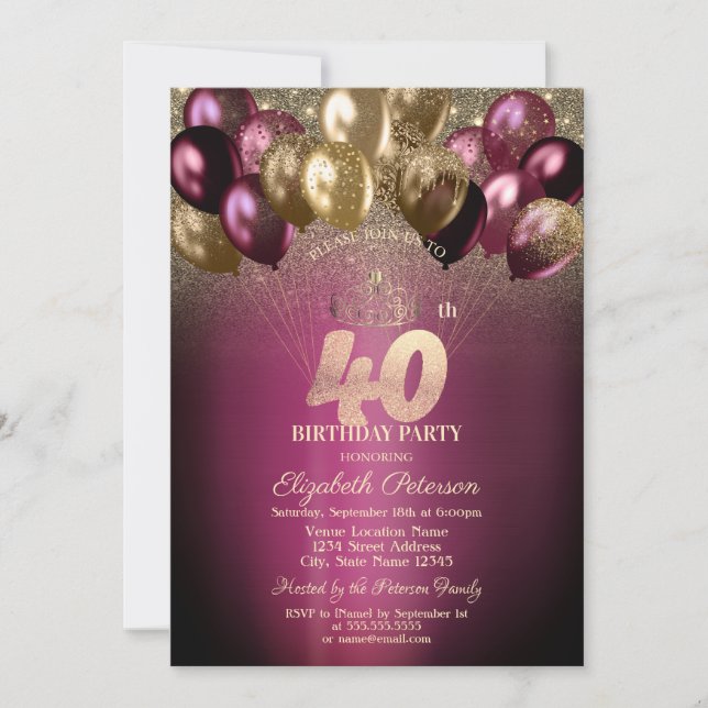 Invitation Ballons de Bourgogne Parties scintillant 40e anniv (Devant)