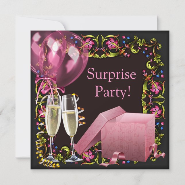 Invitation Ballons de Champagne Rose Noir Surprise (Devant)