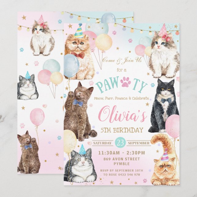 Invitation Ballons de chats pawty adorables (Devant / Derrière)